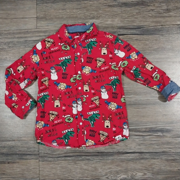 Free Plant Christmas Holiday Shirt Size 5 Boys Red Jingle Bells Toys Button Down - Picture 1 of 4